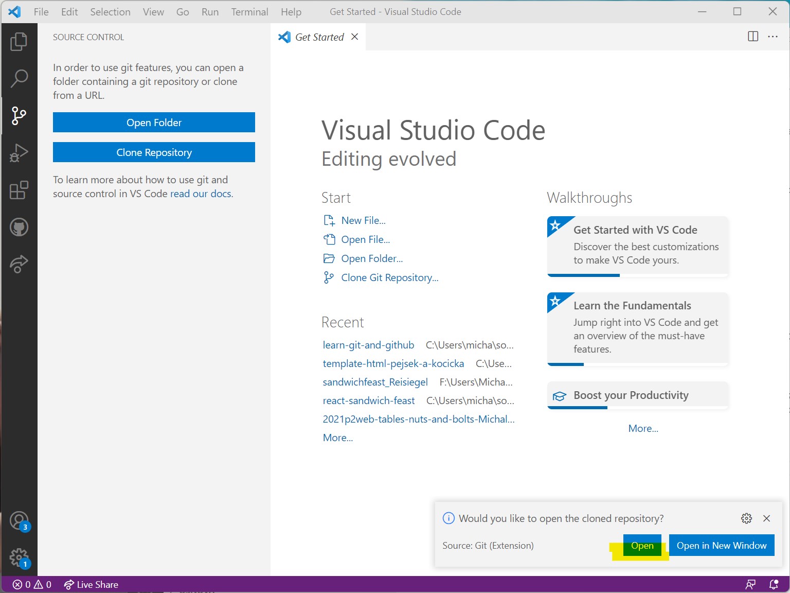 Použití existujícího repozitáře ve Visual Studio Code | learn-git-and ...